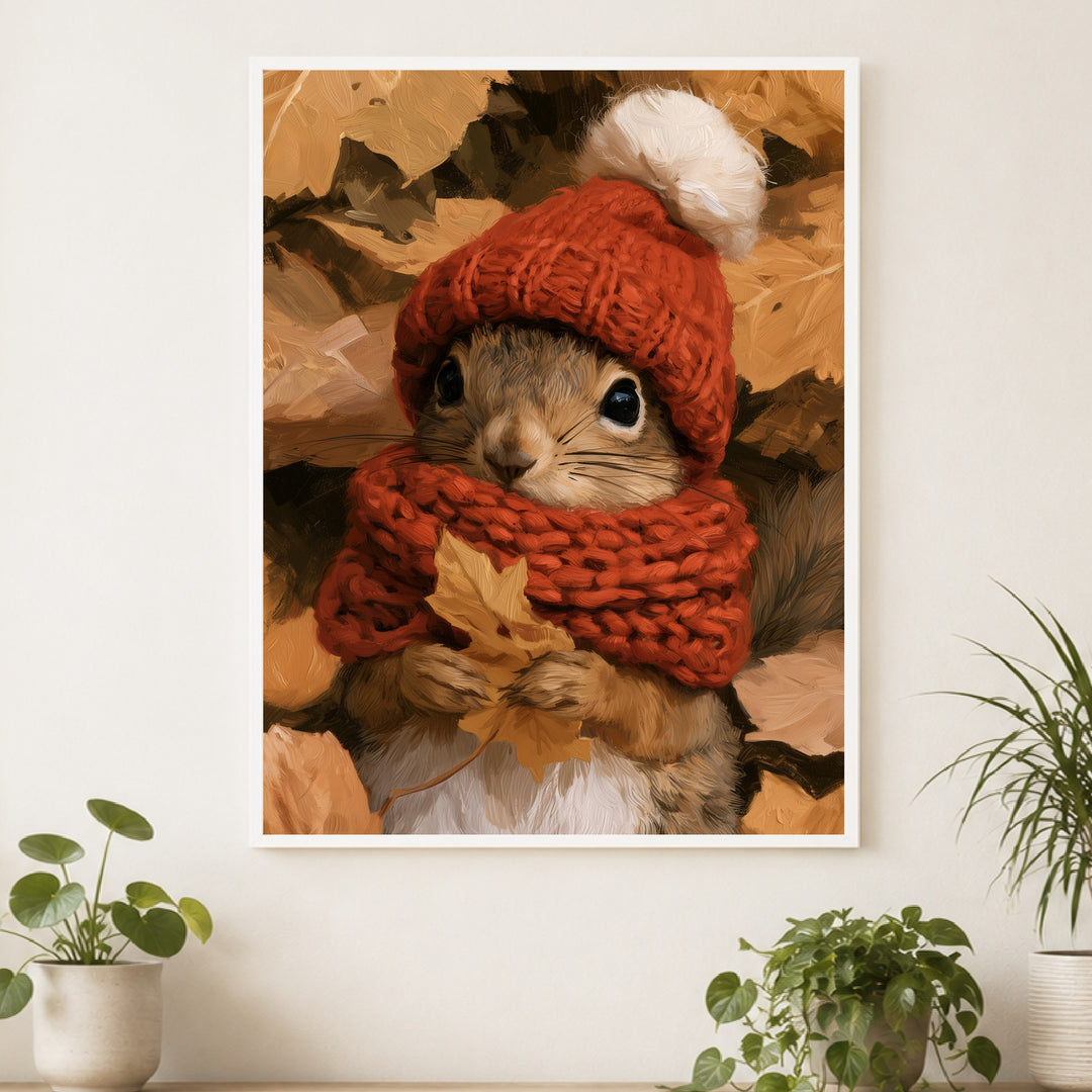 Eichhörnchen im Herbstlaub Poster – Weißer Rahmen – Produktfoto