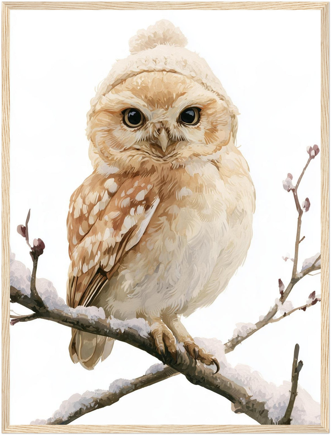 Eule im Winterschnee Poster – Holz natur Rahmen – Produktfoto