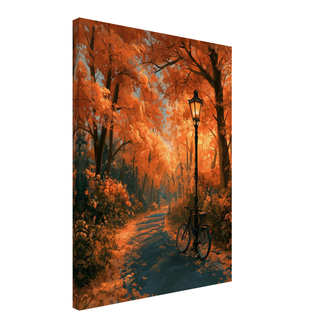 Herbstweg mit Laterne Leinwandbild – Schräge Ansicht – Produktfoto