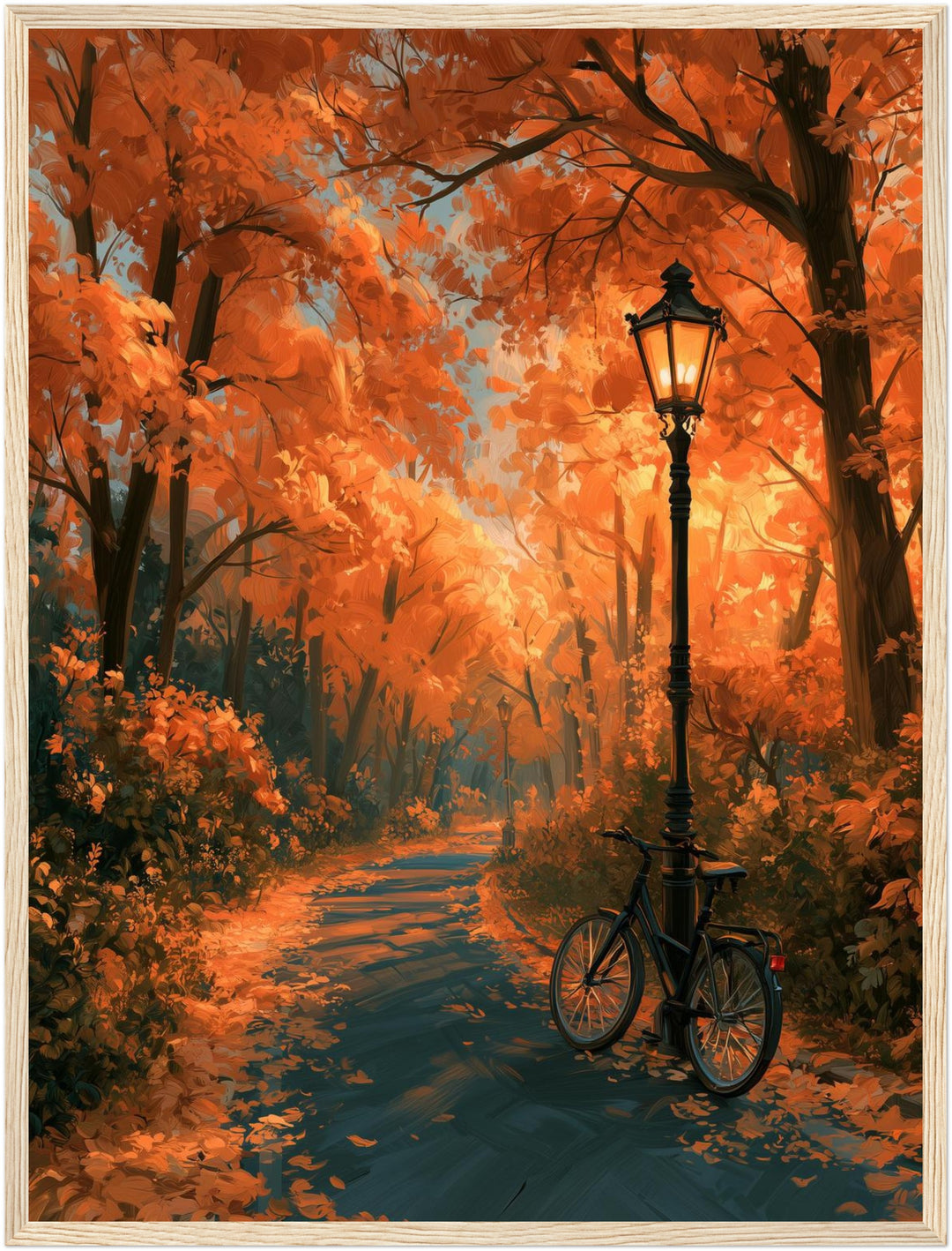 Herbstweg mit Laterne Poster – Holz natur Rahmen – Produktfoto