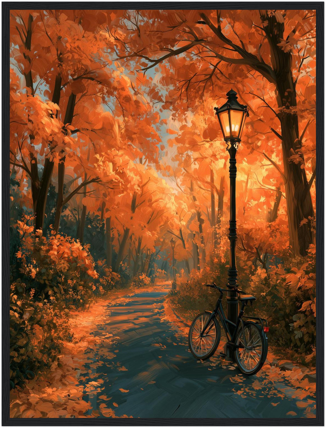 Herbstweg mit Laterne Poster – Schwarzer Rahmen – Produktfoto