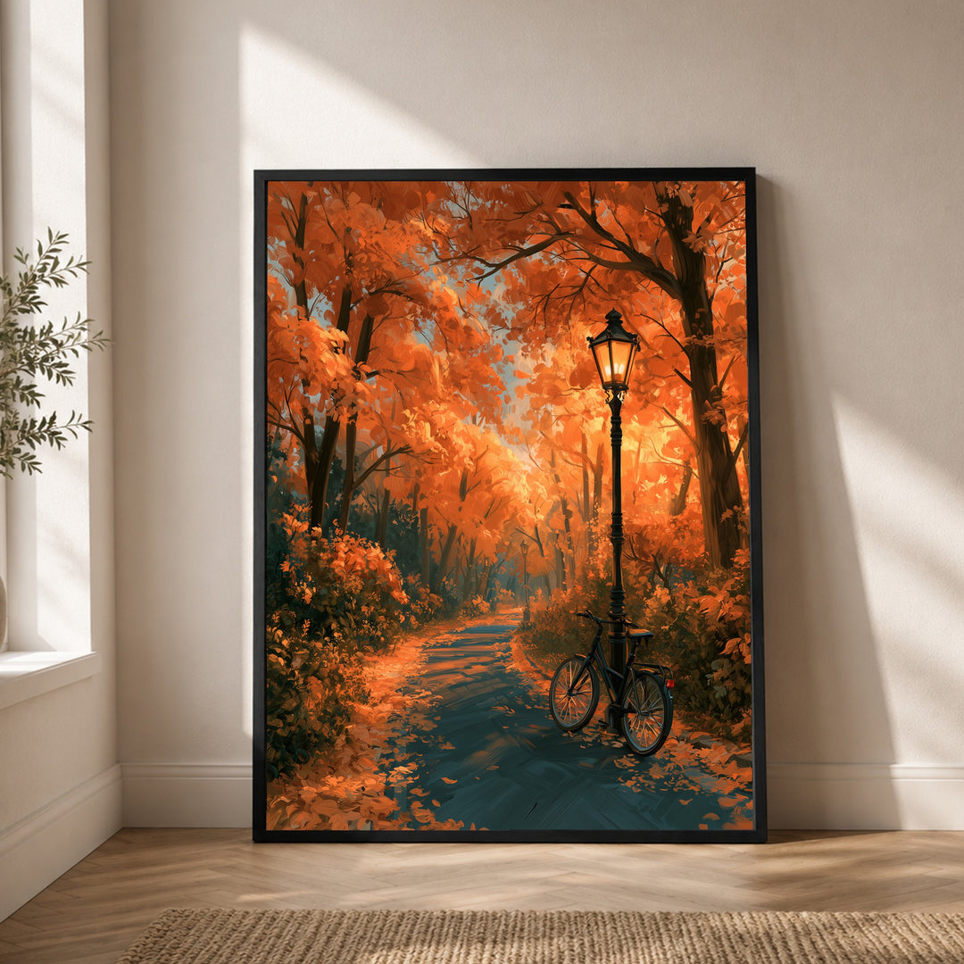 Herbstweg mit Laterne Poster – Schwarzer Rahmen – Produktfoto