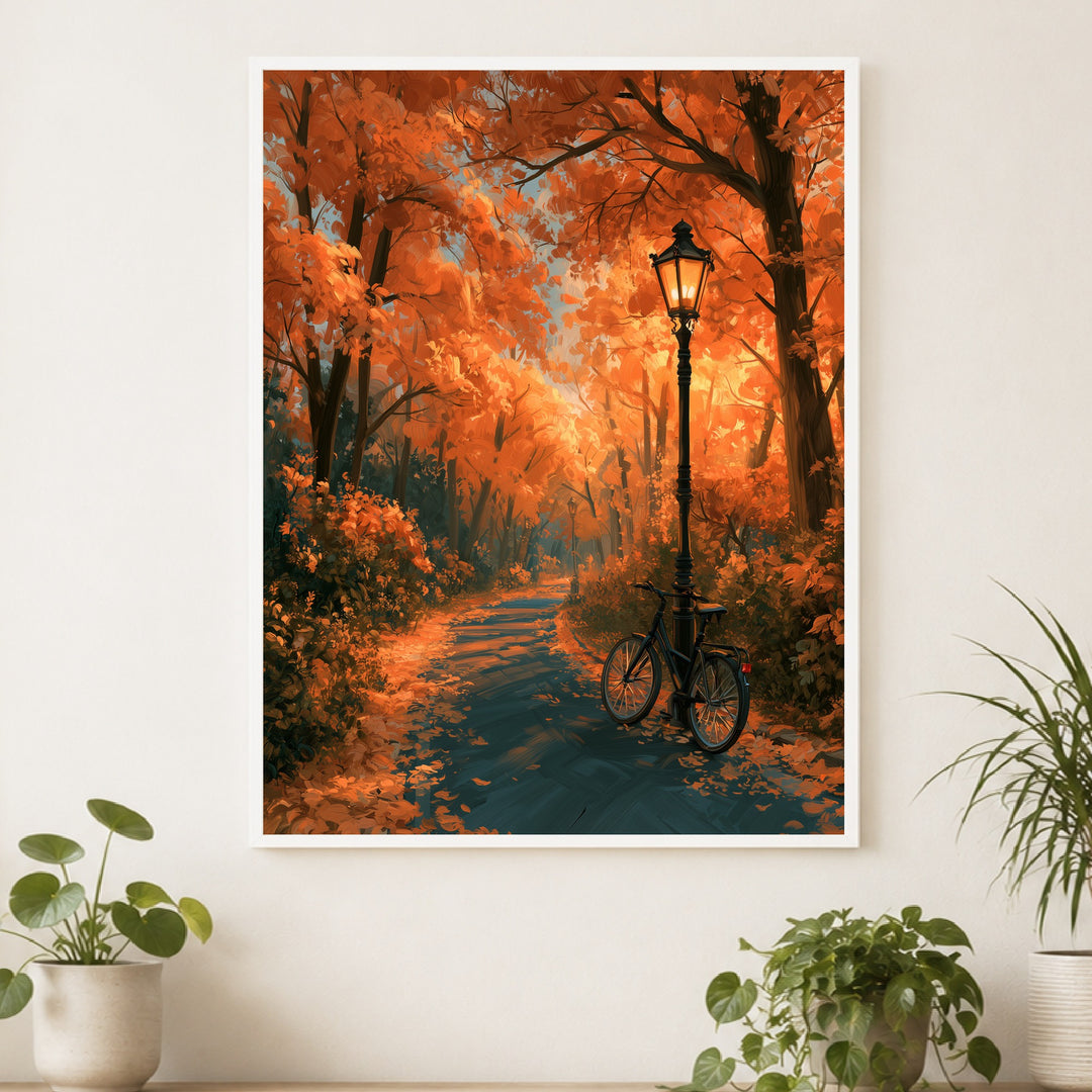 Herbstweg mit Laterne Poster – Weißer Rahmen – Produktfoto