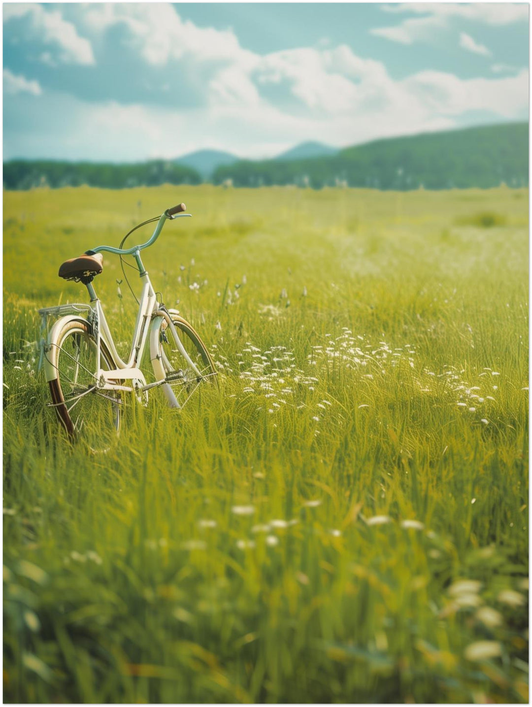 Fahrrad auf Blumenwiese Landschaft – Wandkunst