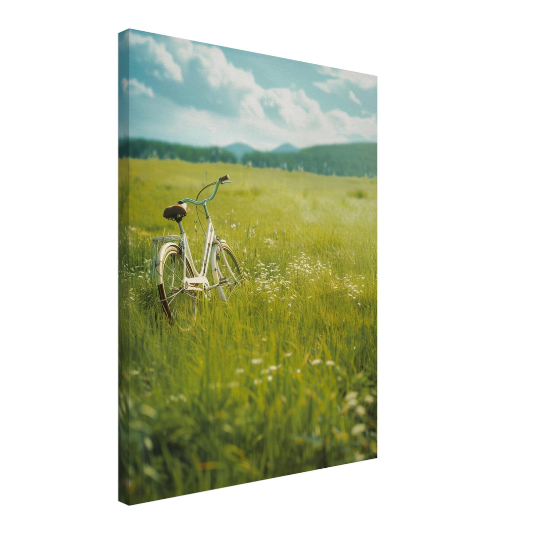 Fahrrad auf Blumenwiese Leinwand Landschaft – Leinwand auf Holzrahmen – Ansicht 2