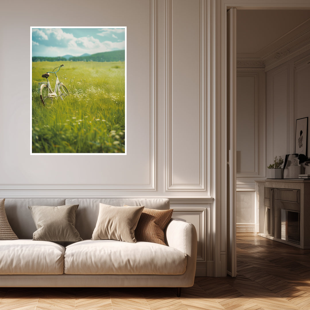 Fahrrad auf Blumenwiese Poster Landschaft – mattes Kunstdruck-Papier – Ansicht 4