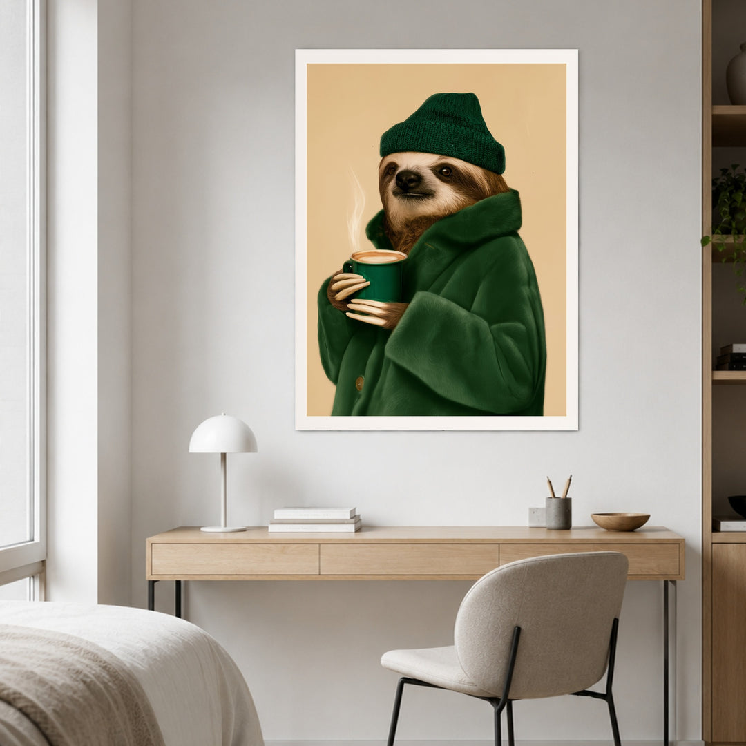 Faultier mit Kaffeebecher Poster – Ohne Rahmen – Produktfoto