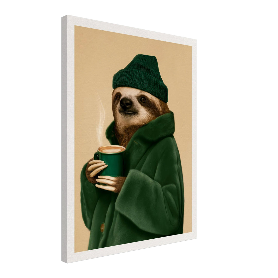 Faultier mit Kaffeebecher Leinwandbild – Schräge Ansicht – Produktfoto