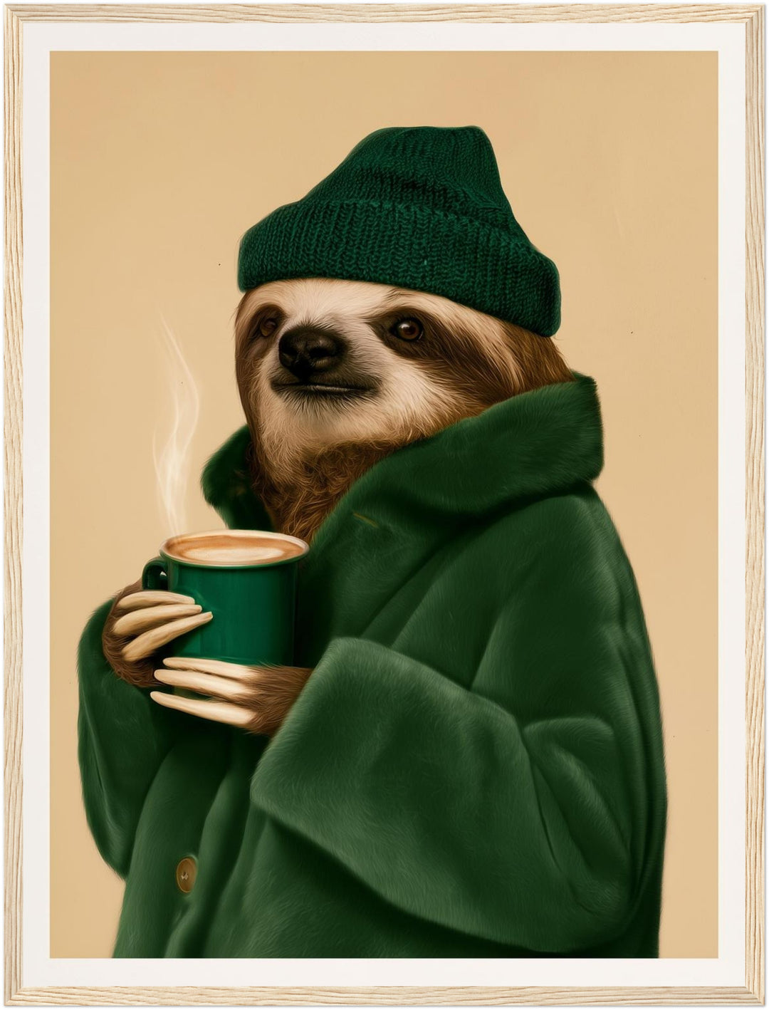 Faultier mit Kaffeebecher Poster – Holz natur Rahmen – Produktfoto