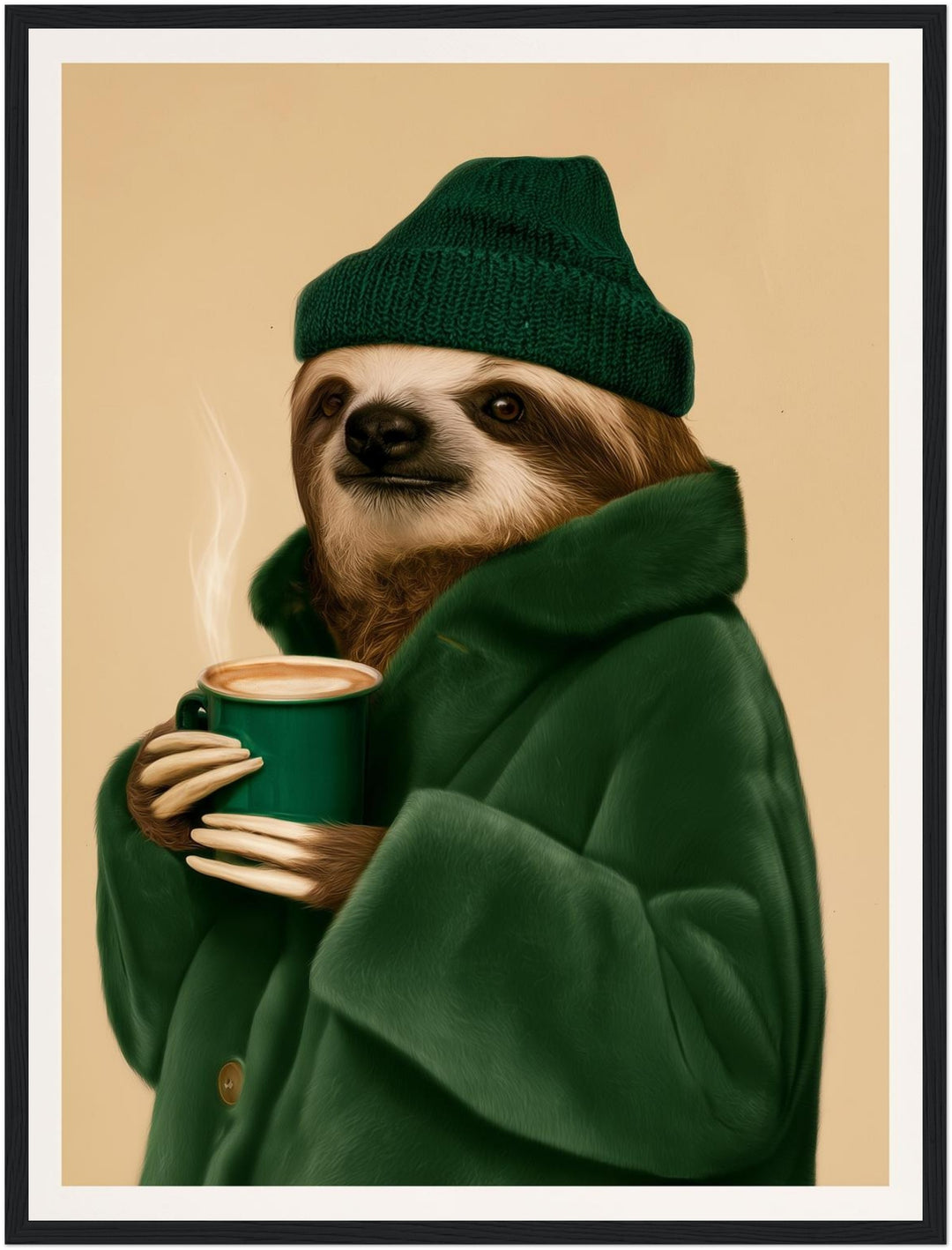 Faultier mit Kaffeebecher Poster – Schwarzer Rahmen – Produktfoto