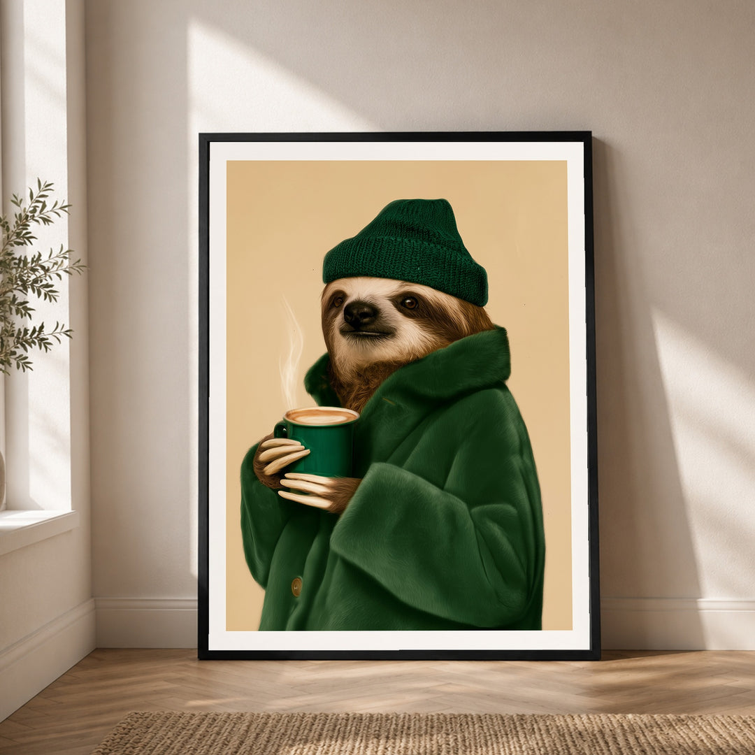 Faultier mit Kaffeebecher Poster – Schwarzer Rahmen – Produktfoto