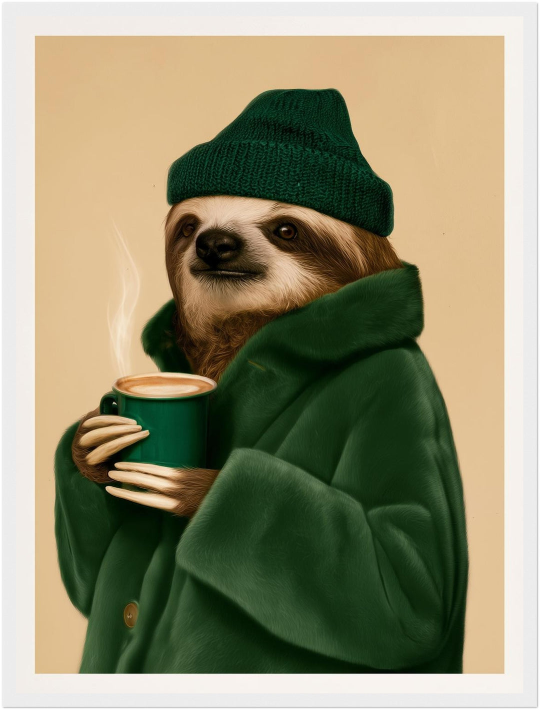 Faultier mit Kaffeebecher Poster – Weißer Rahmen – Produktfoto