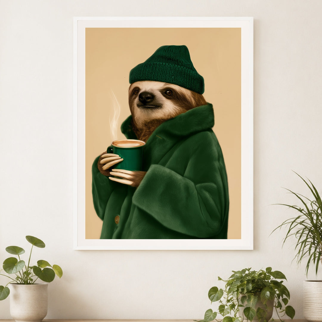 Faultier mit Kaffeebecher Poster – Weißer Rahmen – Produktfoto