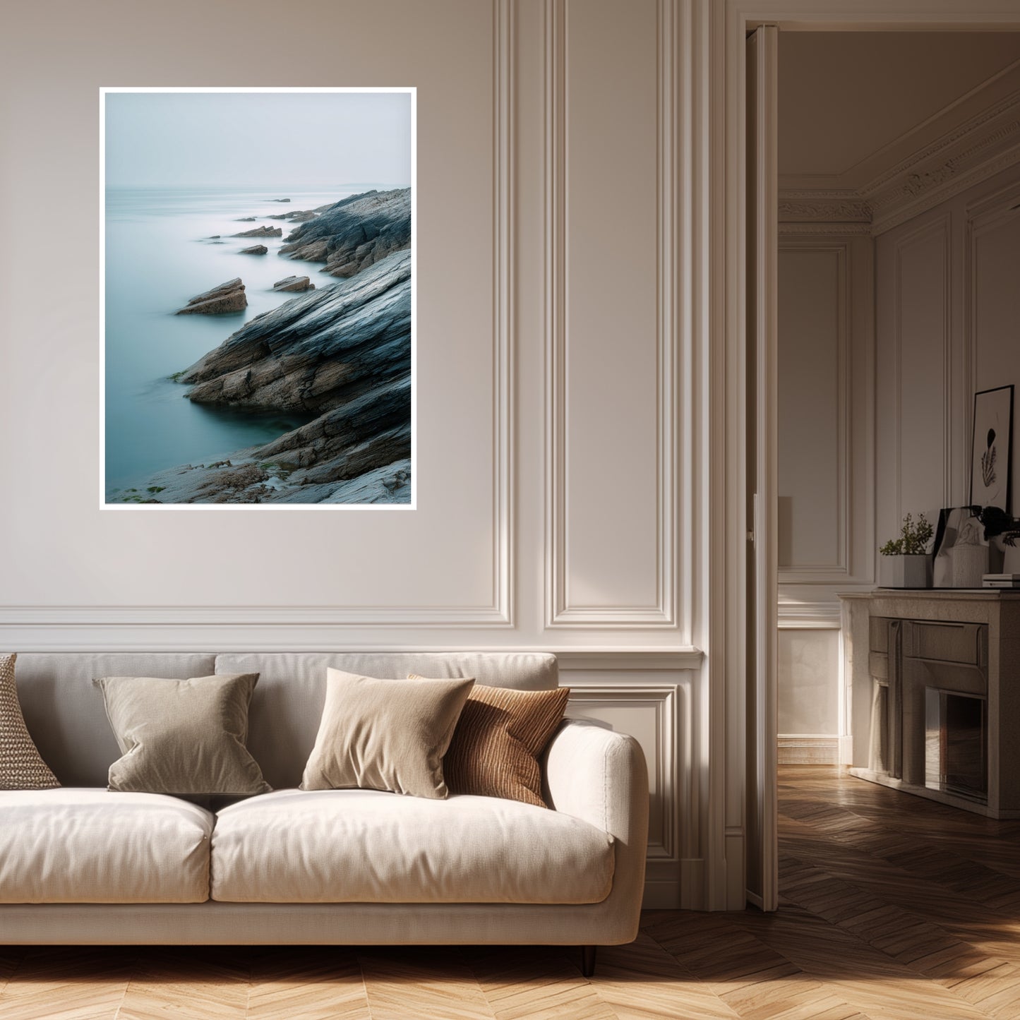 Felsige Küste im Nebel Poster