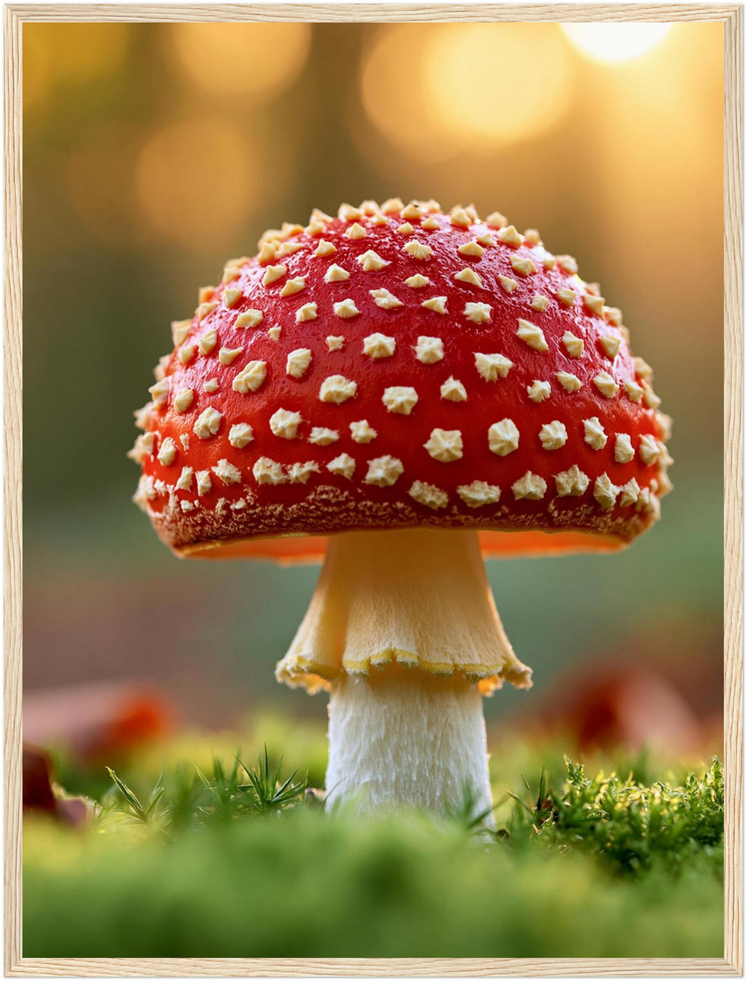 Roter Fliegenpilz im Moos Poster – Holz natur Rahmen – Produktfoto