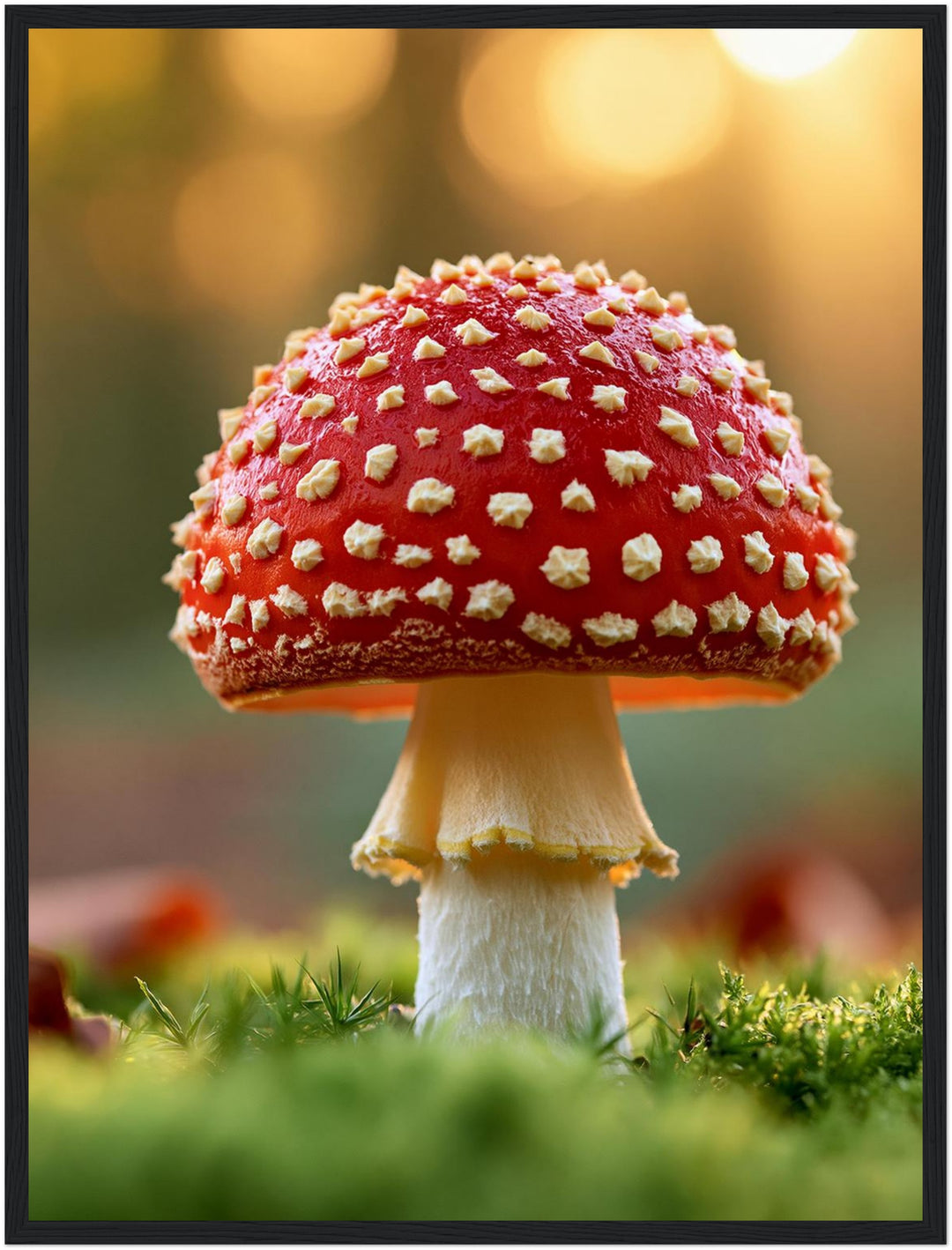 Roter Fliegenpilz im Moos Poster – Schwarzer Rahmen – Produktfoto
