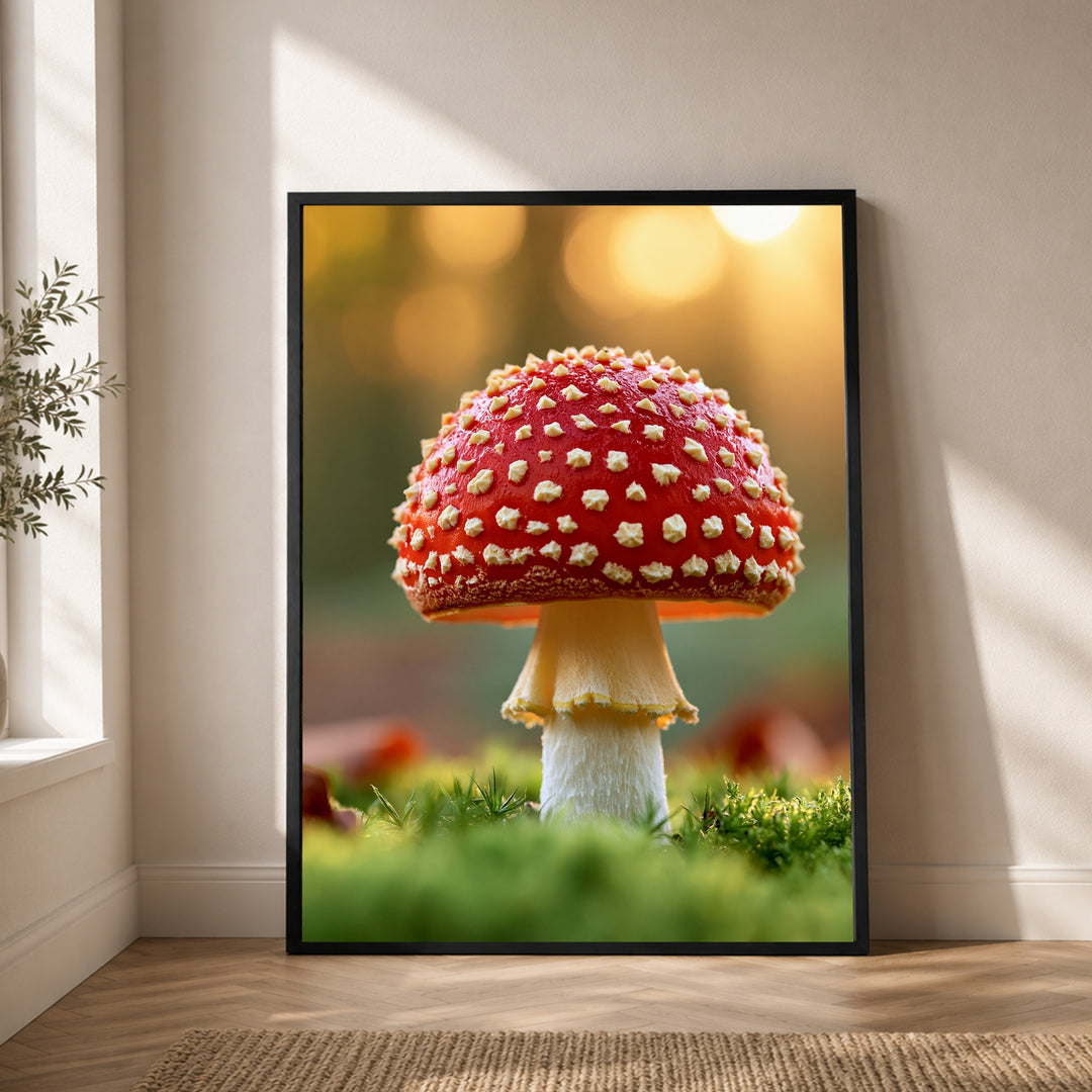 Roter Fliegenpilz im Moos Poster – Schwarzer Rahmen – Produktfoto