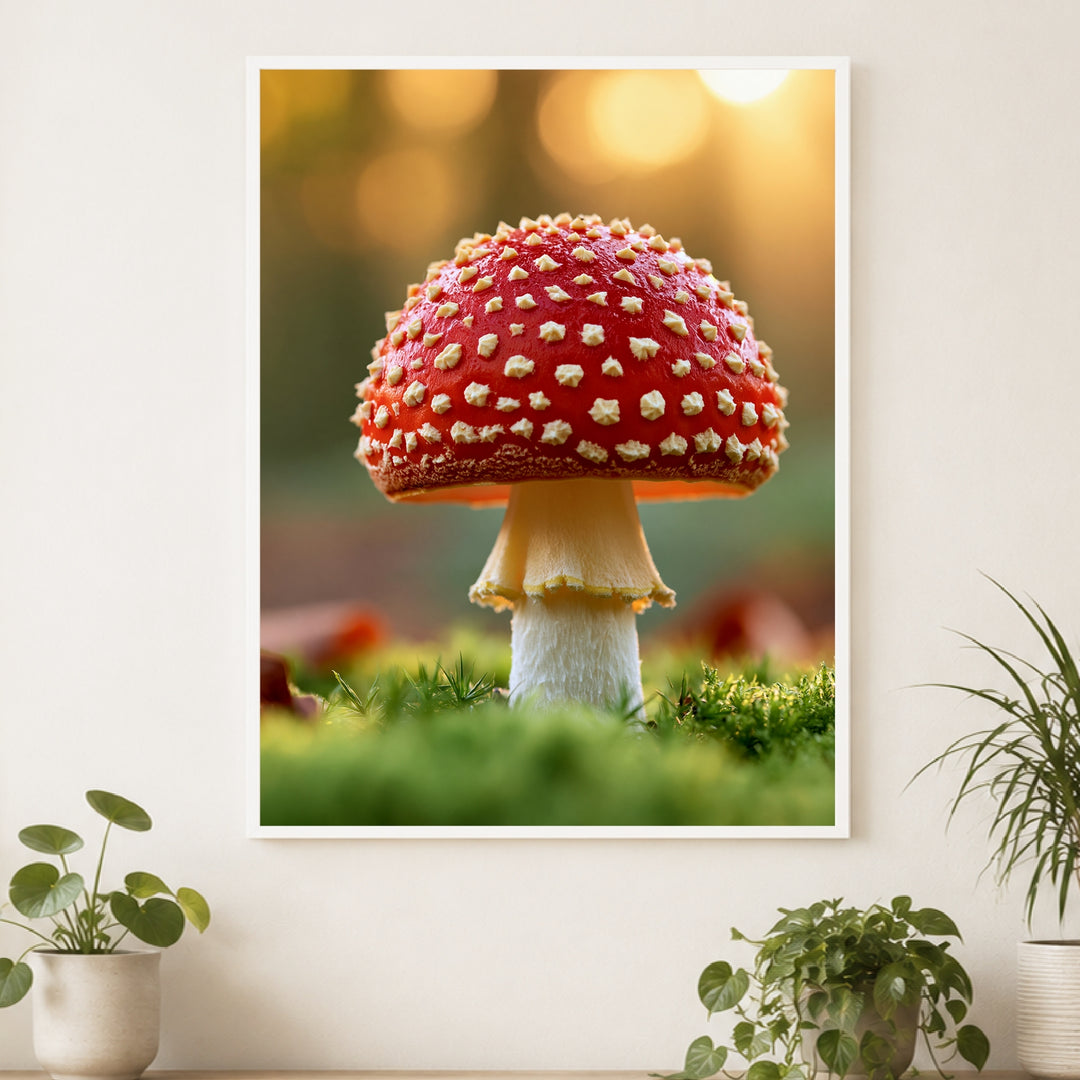 Roter Fliegenpilz im Moos Poster – Weißer Rahmen – Produktfoto