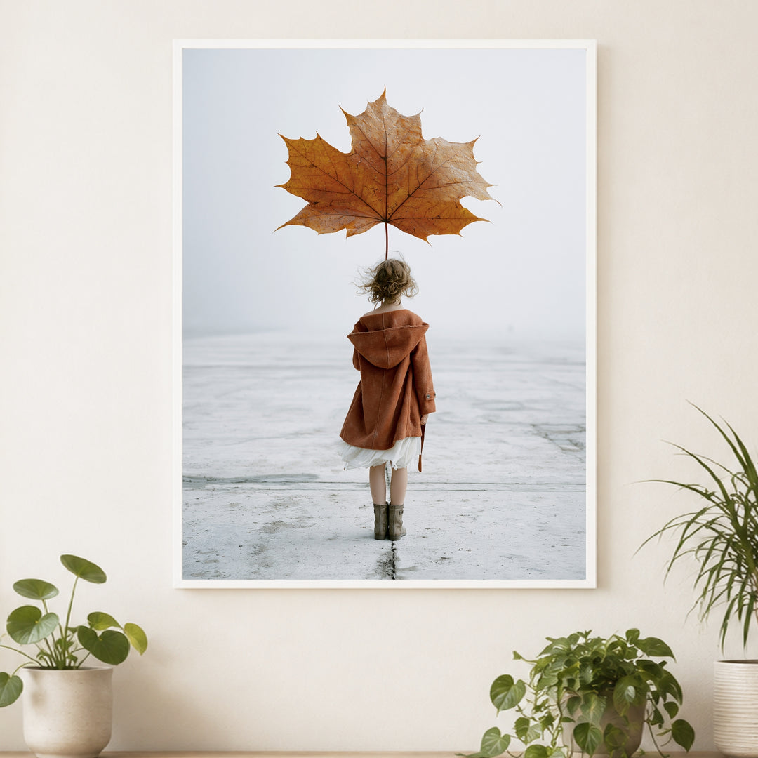 Mädchen mit Herbstblatt Poster – Weißer Rahmen – Produktfoto