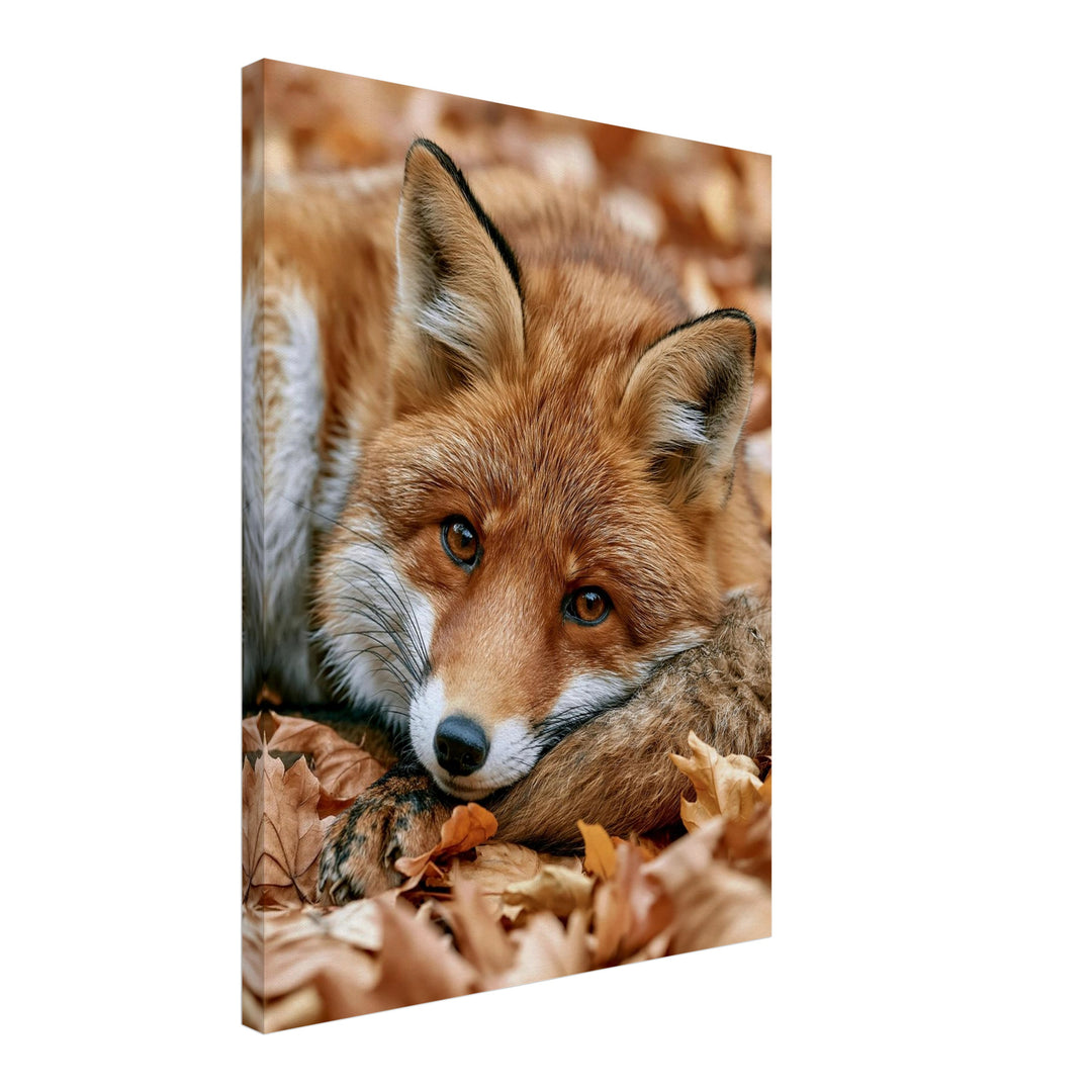 Fuchs im Herbstlaub Leinwandbild – Schräge Ansicht – Produktfoto