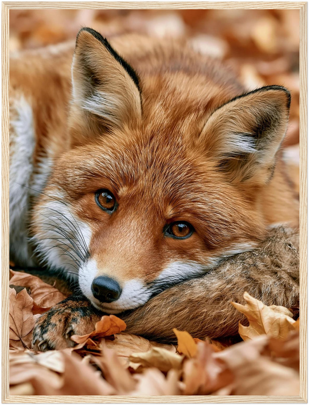Fuchs im Herbstlaub Poster – Holz natur Rahmen – Produktfoto
