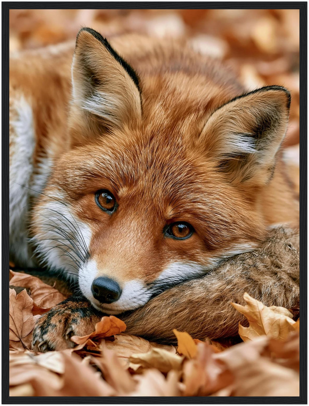 Fuchs im Herbstlaub Poster – Schwarzer Rahmen – Produktfoto
