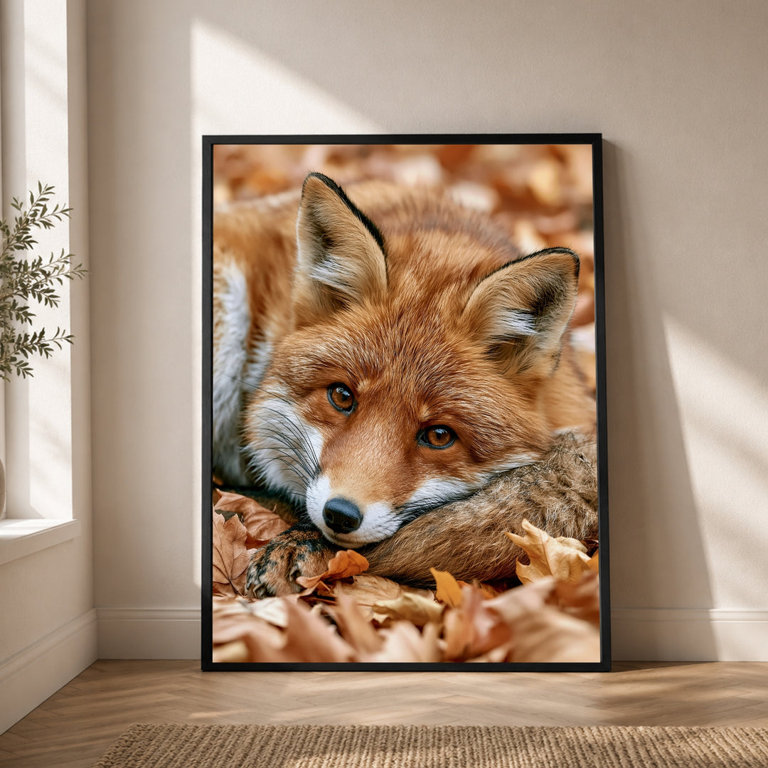 Fuchs im Herbstlaub Poster – Schwarzer Rahmen – Produktfoto
