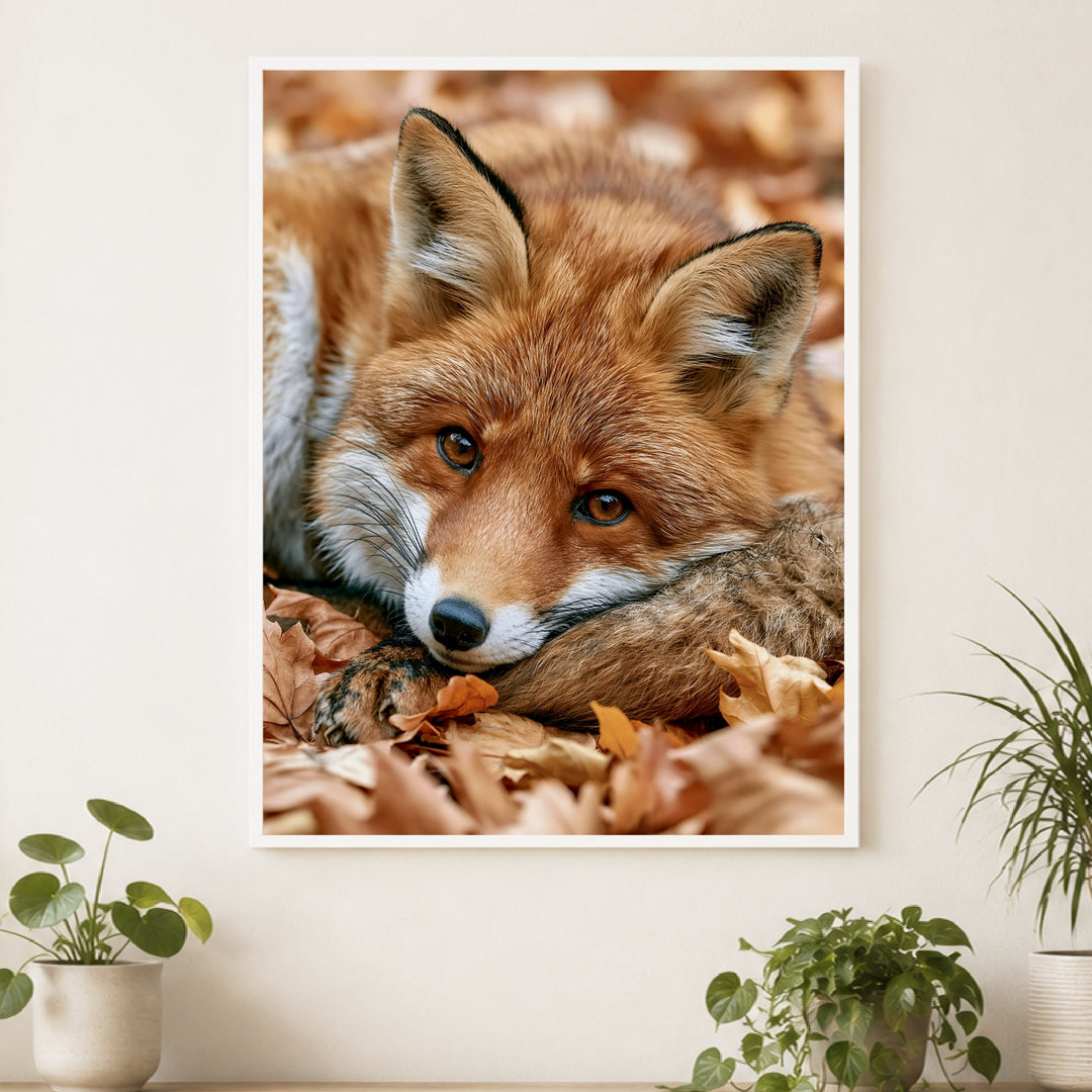 Fuchs im Herbstlaub Poster – Weißer Rahmen – Produktfoto