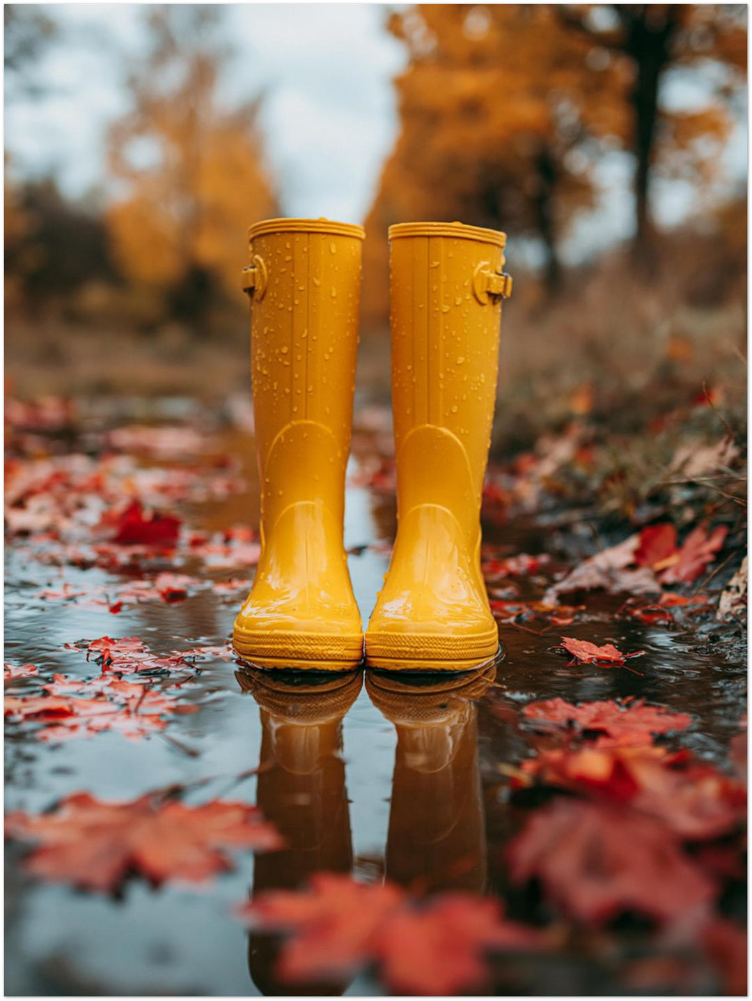 Gelbe Stiefel im Herbstregen Poster – Ohne Rahmen – Produktfoto