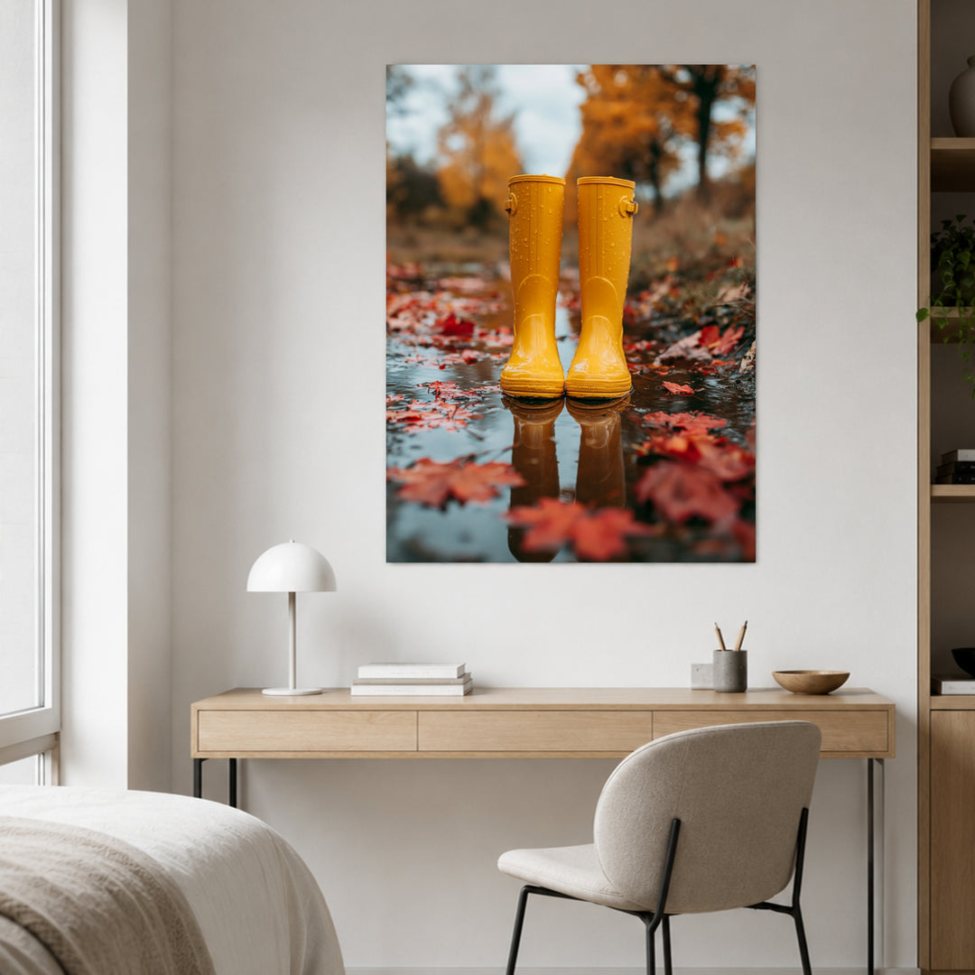 Gelbe Stiefel im Herbstregen Poster – Ohne Rahmen – Produktfoto