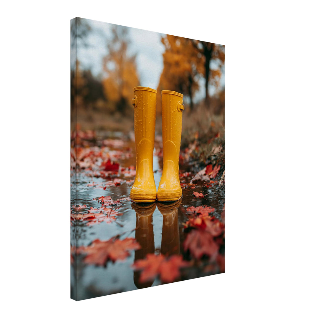 Gelbe Stiefel im Herbstregen Leinwandbild – Schräge Ansicht – Produktfoto