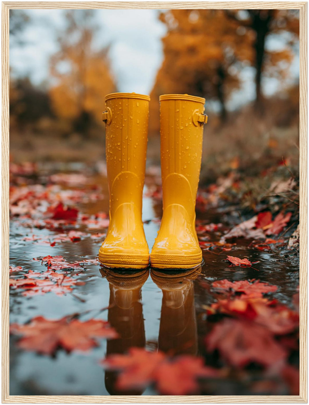 Gelbe Stiefel im Herbstregen Poster – Holz natur Rahmen – Produktfoto