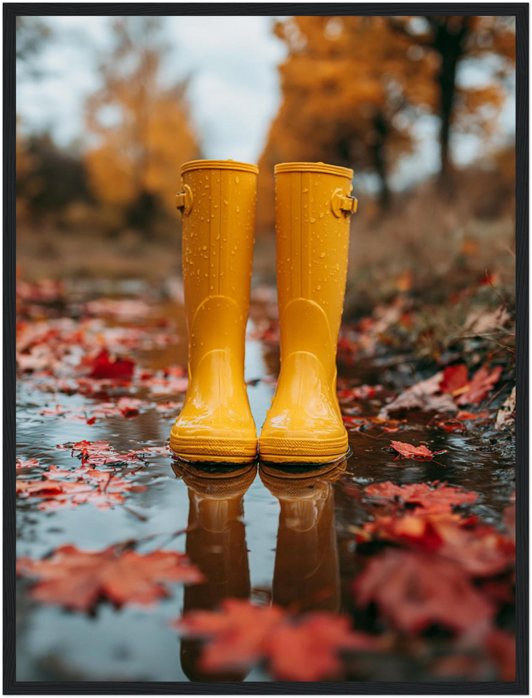 Gelbe Stiefel im Herbstregen Poster – Schwarzer Rahmen – Produktfoto