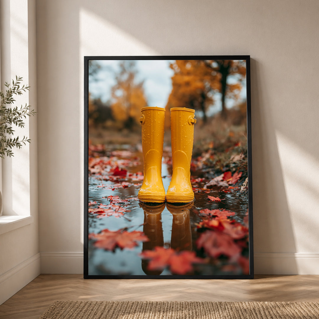 Gelbe Stiefel im Herbstregen Poster – Schwarzer Rahmen – Produktfoto