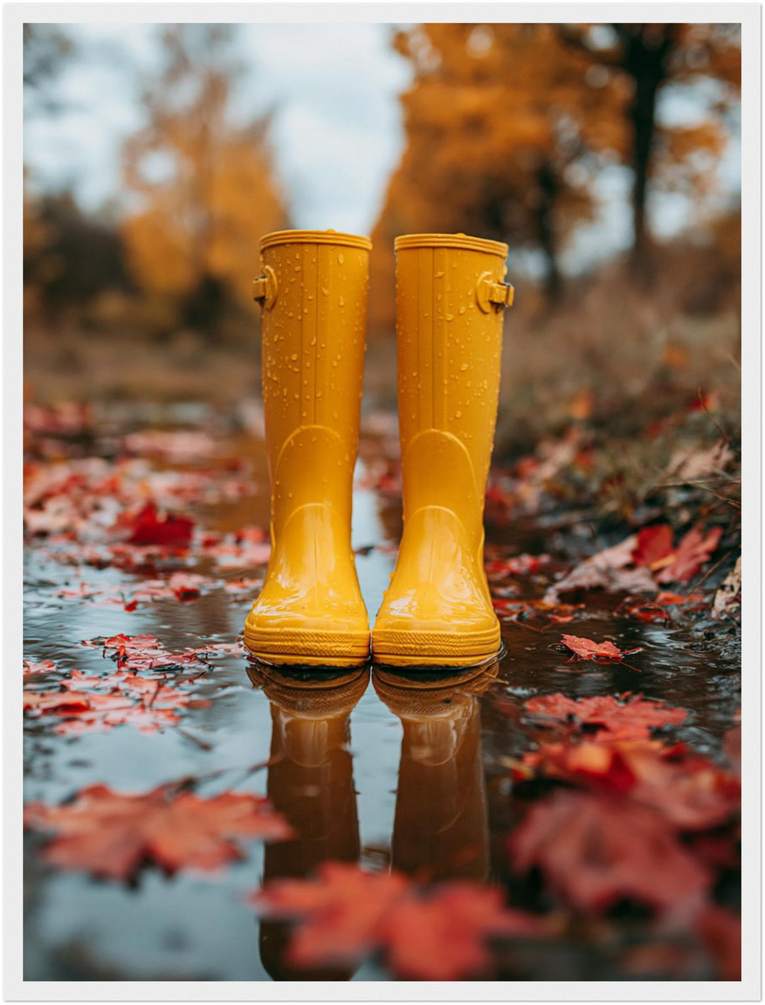 Gelbe Stiefel im Herbstregen Poster – Weißer Rahmen – Produktfoto