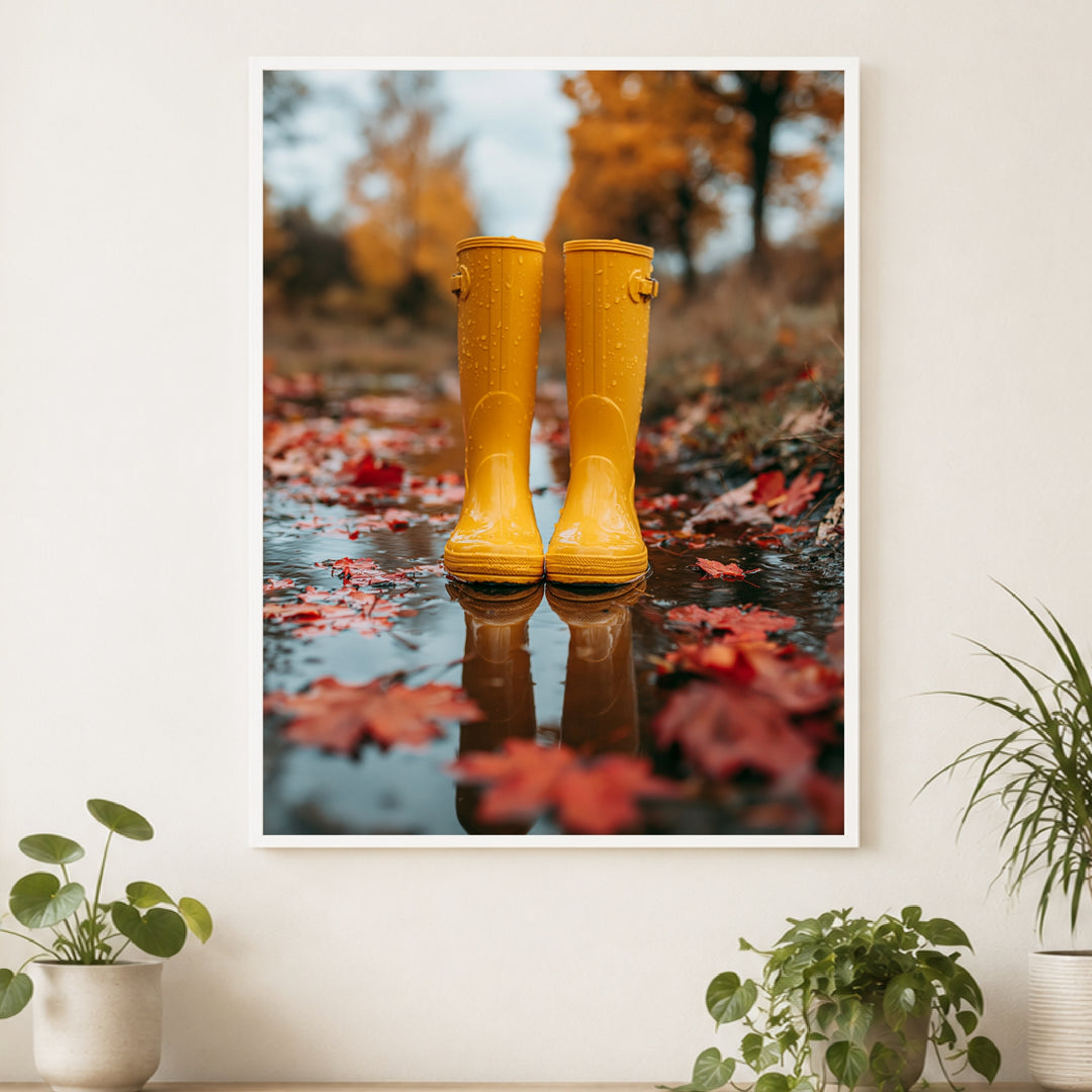 Gelbe Stiefel im Herbstregen Poster – Weißer Rahmen – Produktfoto