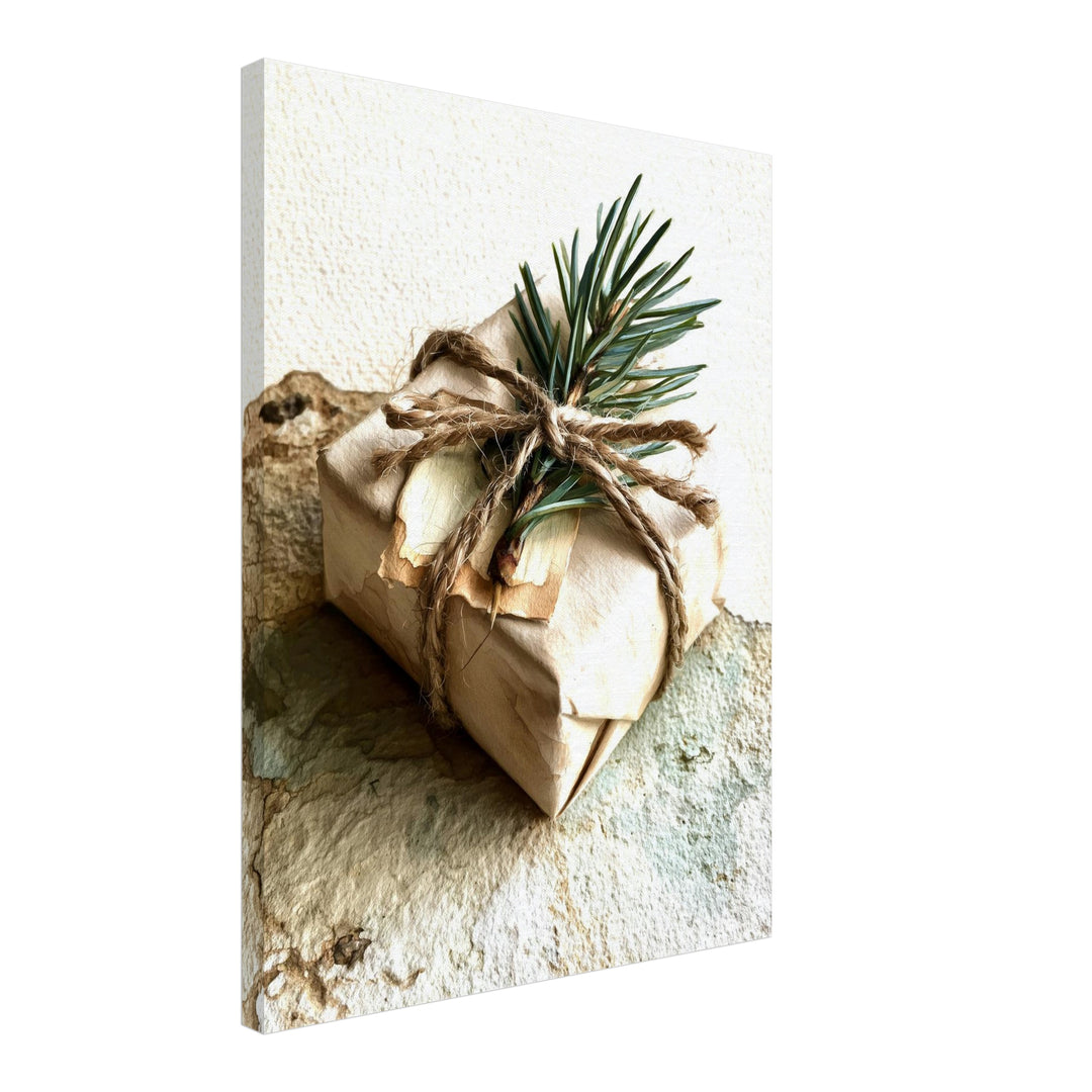 Wintergeschenk mit Tannenzweig Leinwandbild – Schräge Ansicht – Produktfoto