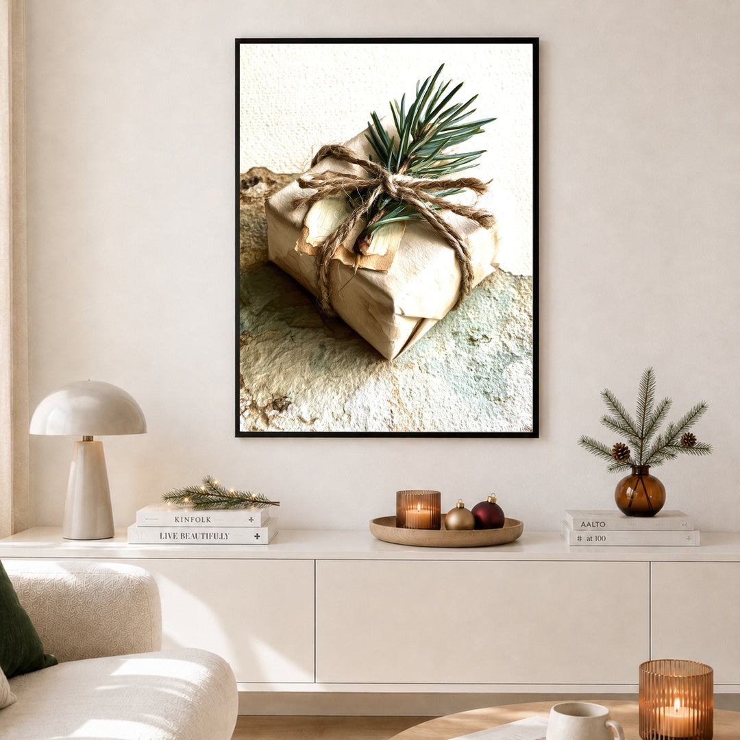 Wintergeschenk mit Tannenzweig Poster – Schwarzer Rahmen – Produktfoto
