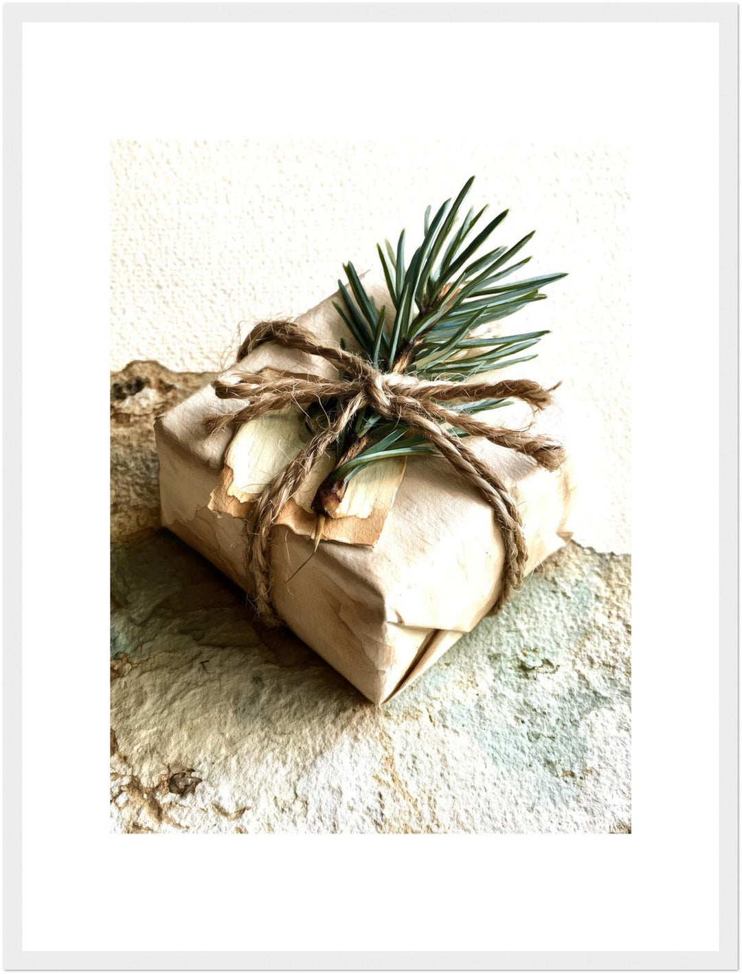 Wintergeschenk mit Tannenzweig Poster – Weißer Rahmen – Produktfoto