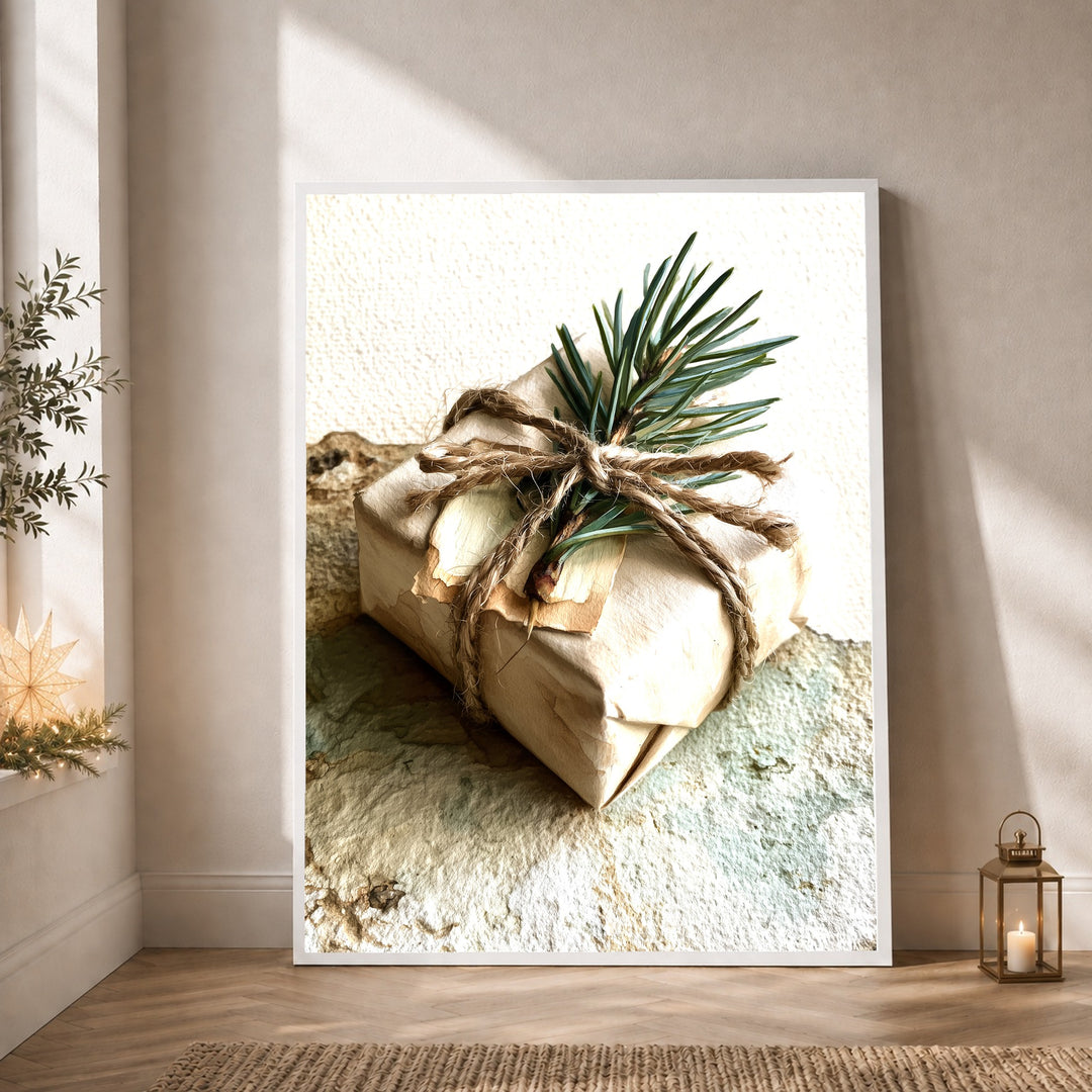 Wintergeschenk mit Tannenzweig Poster – Weißer Rahmen – Produktfoto