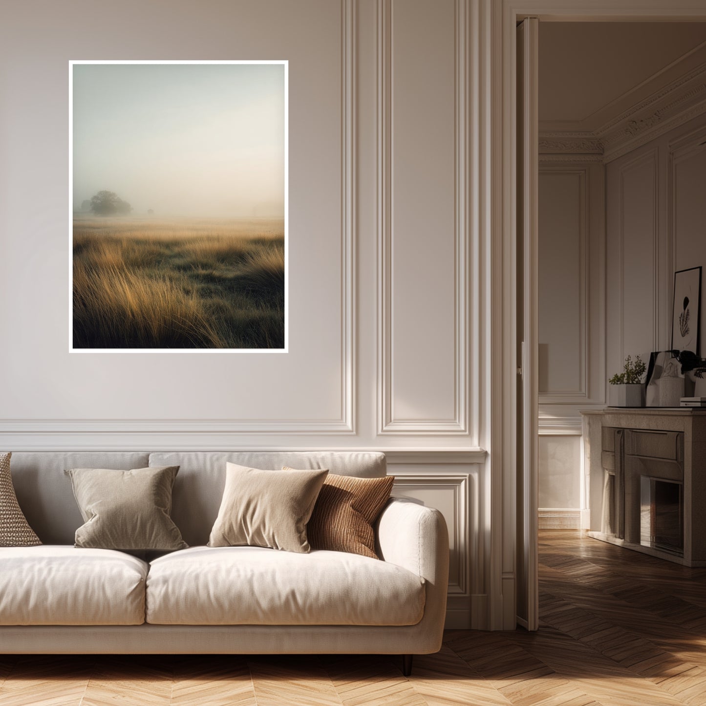 Goldene Gräser im Nebel Poster