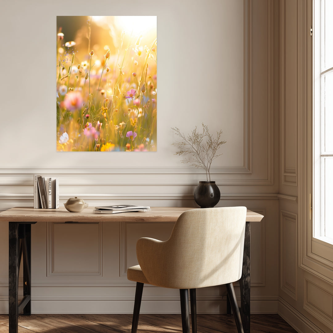 Goldene Sommerwiese Blüten Leinwandbild abstrakt – Leinwand auf Holzrahmen – Ansicht 3