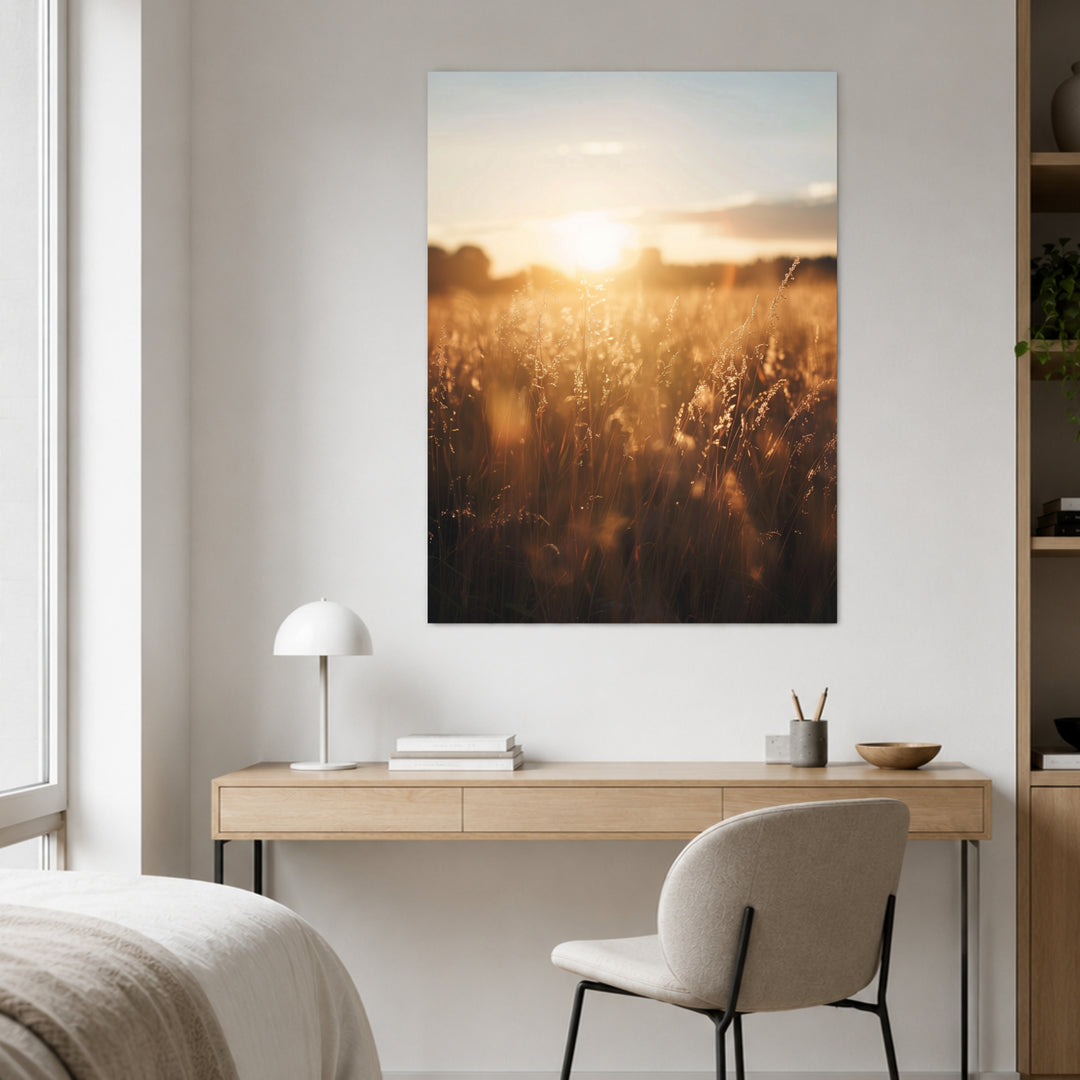 Goldenes Abendlicht im Grasfeld Leinwandbild – Ohne Rahmen – Produktfoto