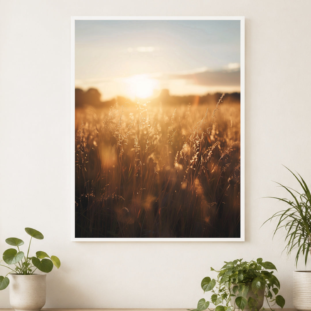 Goldenes Abendlicht im Grasfeld Poster – Weißer Rahmen – Produktfoto