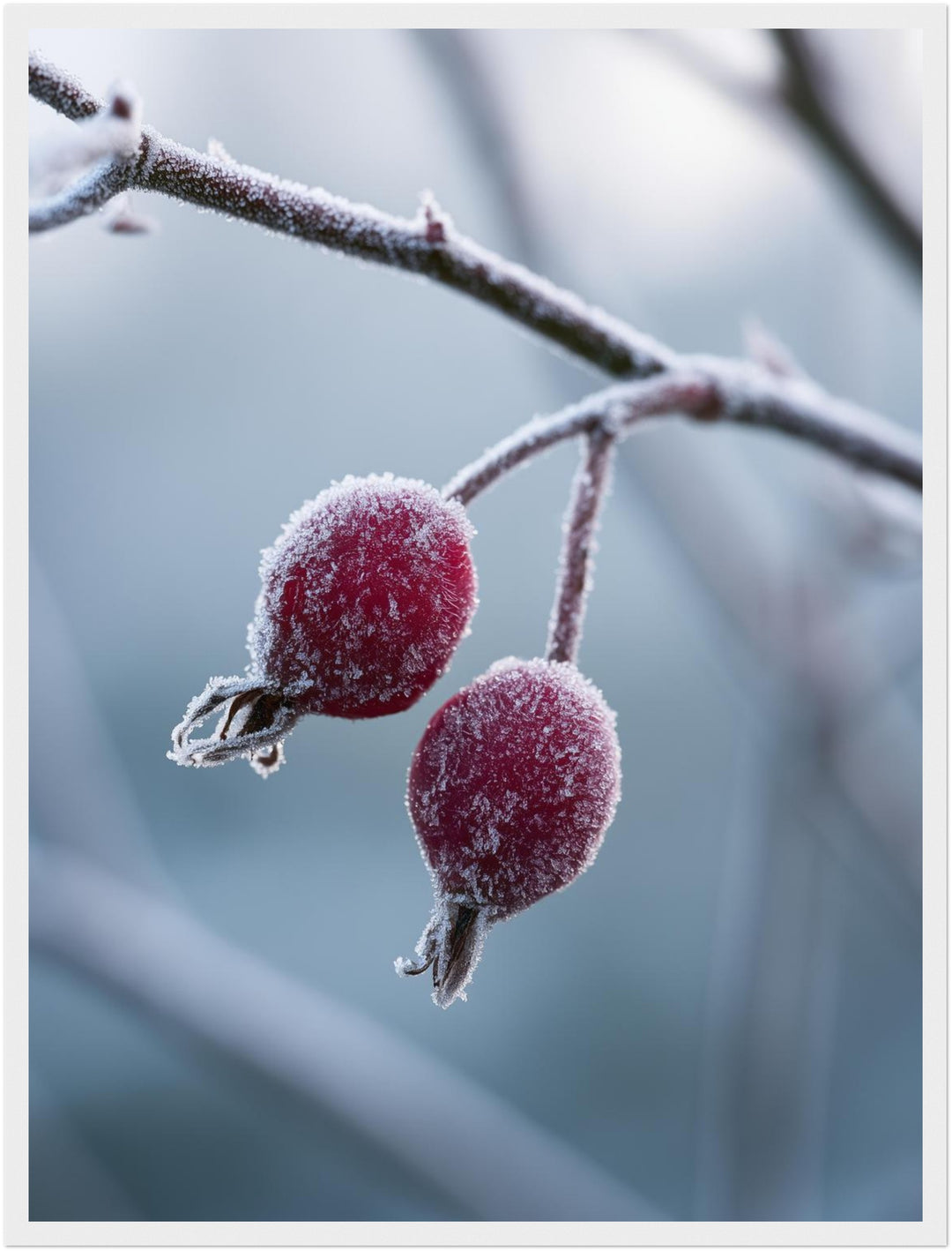 Hagebutten im Winterfrost Poster – Weißer Rahmen – Produktfoto