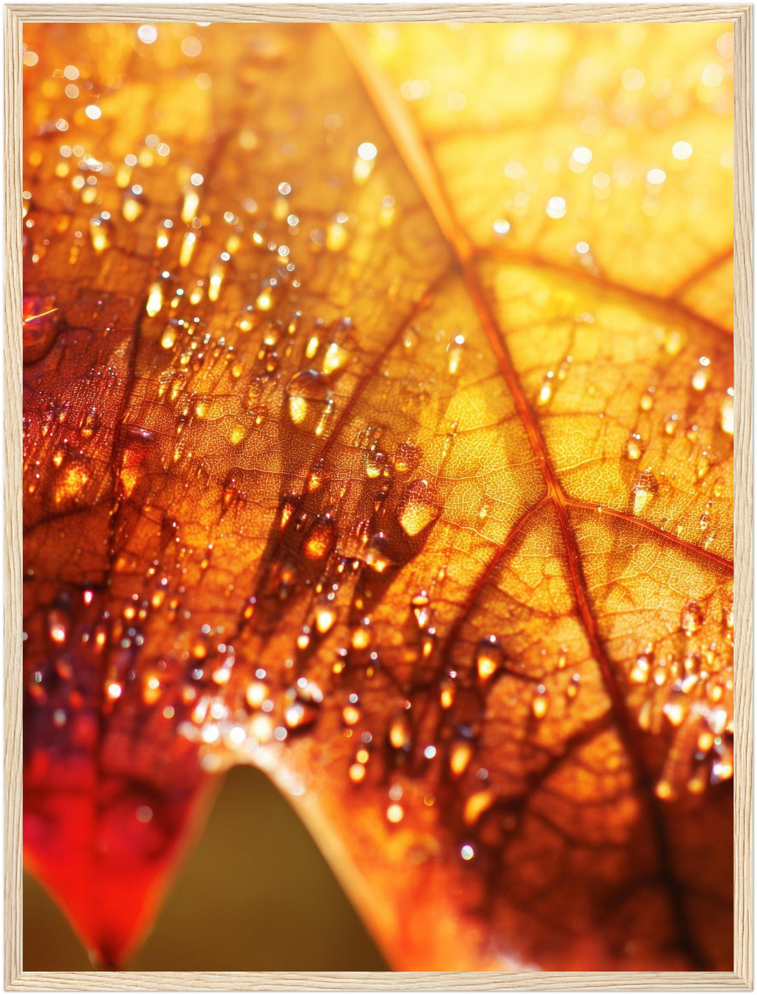 Herbstblatt im Regen Poster – Holz natur Rahmen – Produktfoto