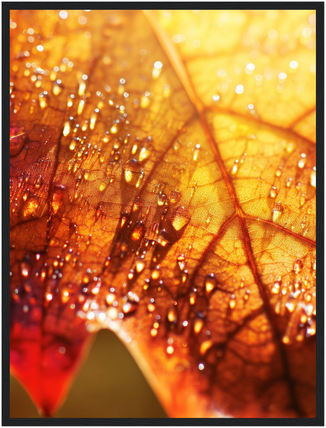 Herbstblatt im Regen Poster – Schwarzer Rahmen – Produktfoto