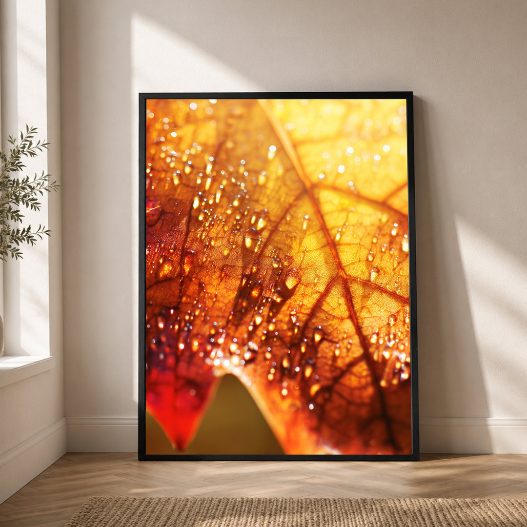 Herbstblatt im Regen Poster – Schwarzer Rahmen – Produktfoto