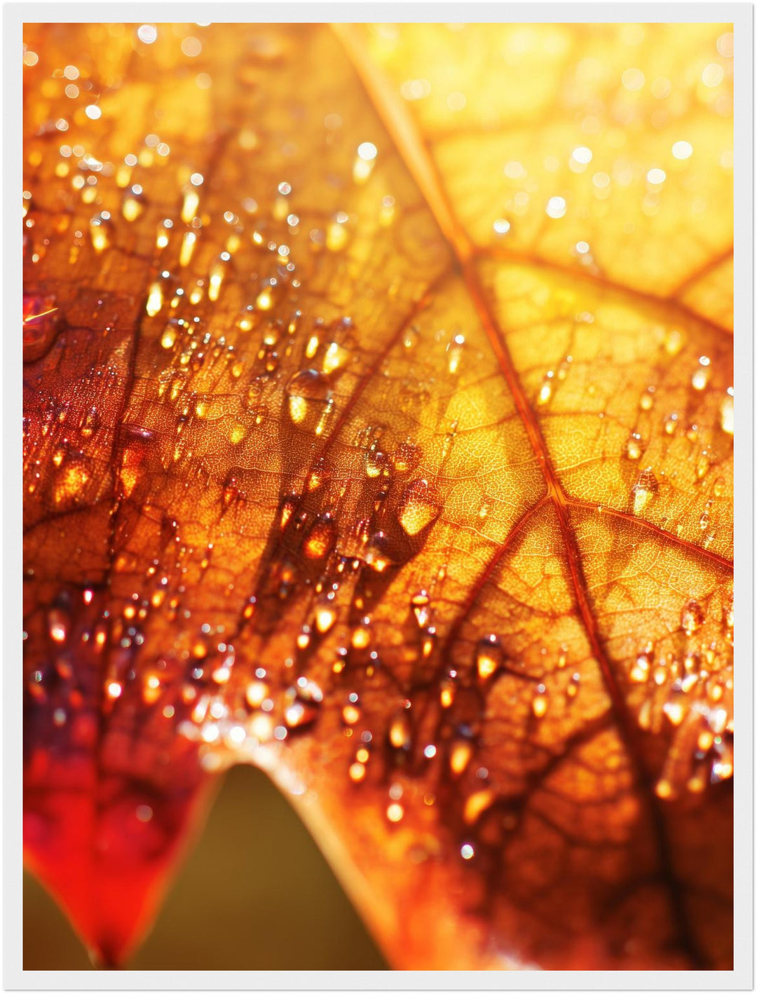 Herbstblatt im Regen Poster – Weißer Rahmen – Produktfoto