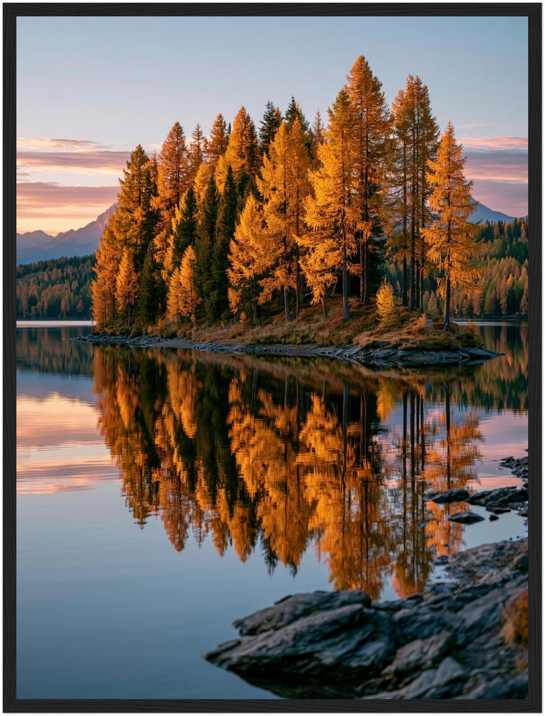 Goldener Lärchensee im Herbst Poster – Schwarzer Rahmen – Produktfoto
